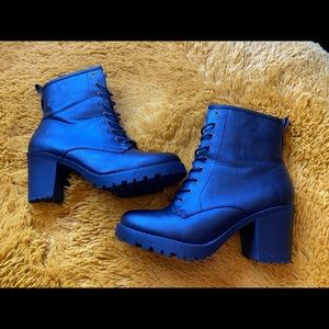 2 inch chunky heel black lace up boots